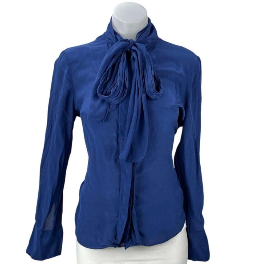 Mango MNG Women's Blue Silky Satin Bow Tie Neck Long Sleeve Shirt Blouse Top 6